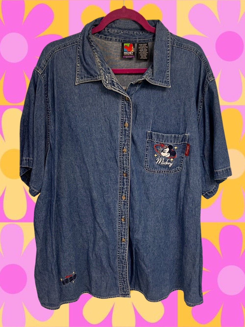 Vintage Mickey Unlimited Disney embroidered denim with Mickey Mouse pocket